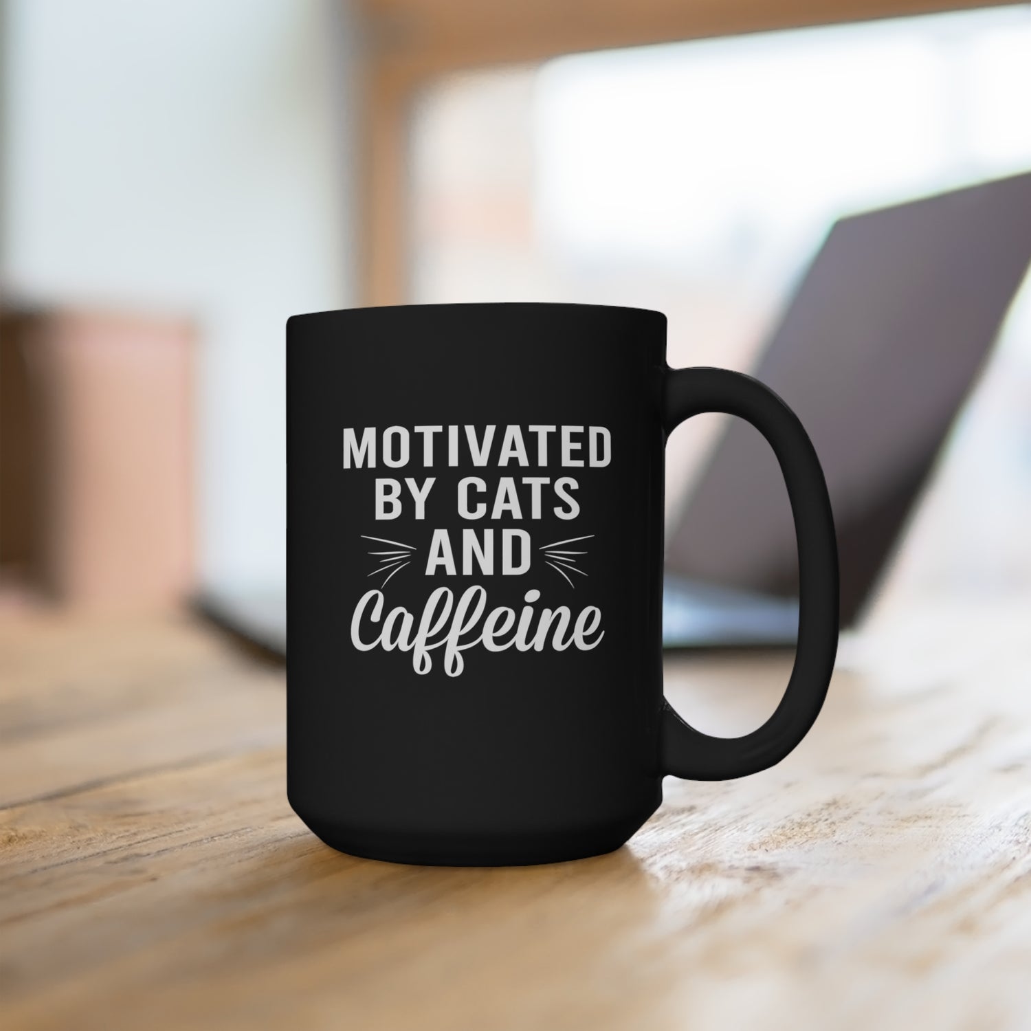 Motivated By Cats & Caffeine - Large 15oz Black Mug
