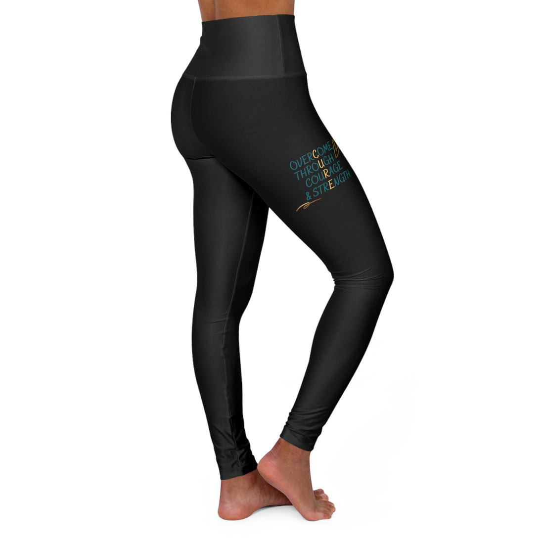 Overcome Through Courage and Strength - Black High Waisted Yoga Leggings