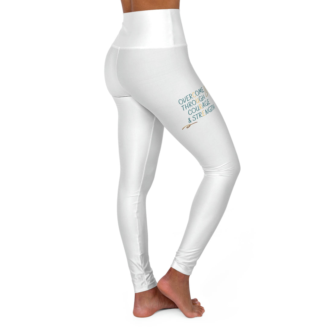 Overcome Through Courage and Strength - White High Waisted Yoga Leggings